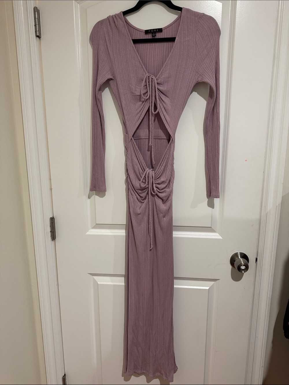 Fore Mauve Ribbed Tie-Front Cutout Maxi Dress